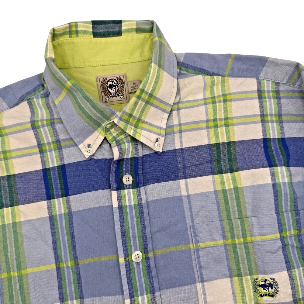 Cinch Button Down Shirt Mens Medium Blue Green Plaid Short Sleeve Western Logo - Picture 1 of 6